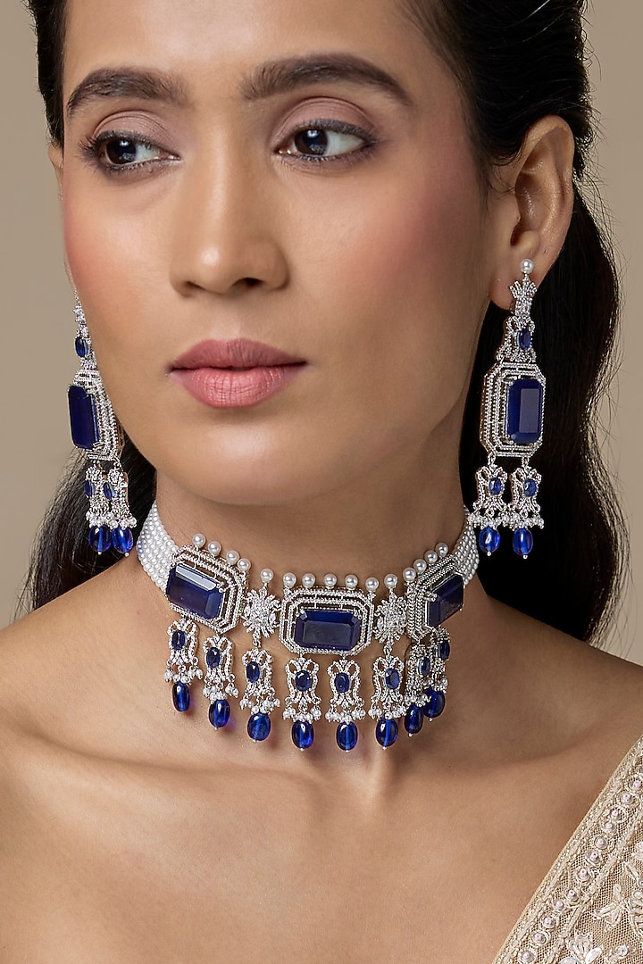Silver Finish Sapphire Stone & Zircon Choker Necklace Set by Moh-Maya by Disha Khatri at Pernia's Pop Up Shop