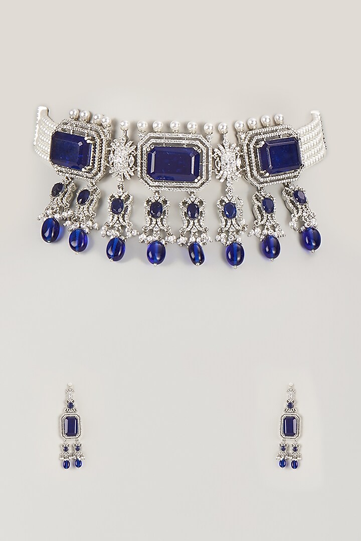 Silver Finish Sapphire Stone & Zircon Choker Necklace Set by Moh-Maya by Disha Khatri at Pernia's Pop Up Shop