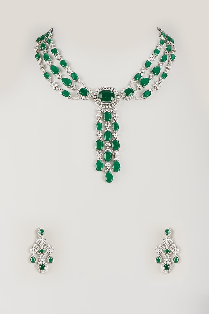 Silver Finish Emerald Synthetic & Zircon Necklace Set by Moh-Maya by Disha Khatri at Pernia's Pop Up Shop