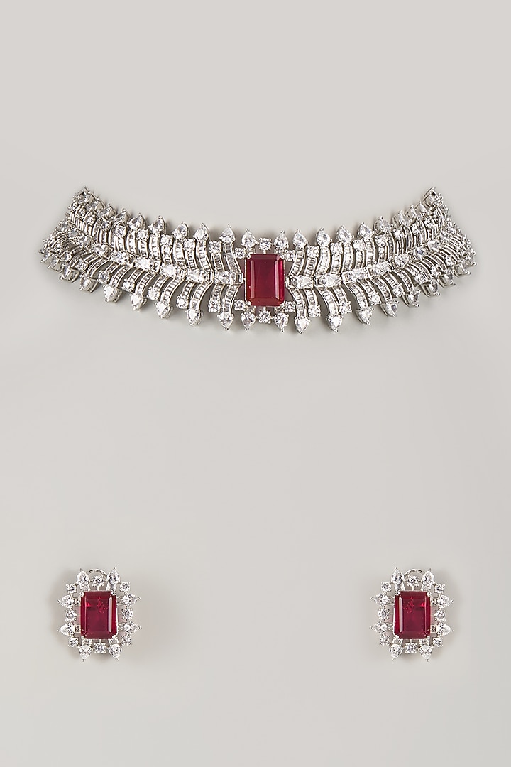 Silver Finish Ruby & Zircon Choker Necklace Set by Moh-Maya by Disha Khatri at Pernia's Pop Up Shop