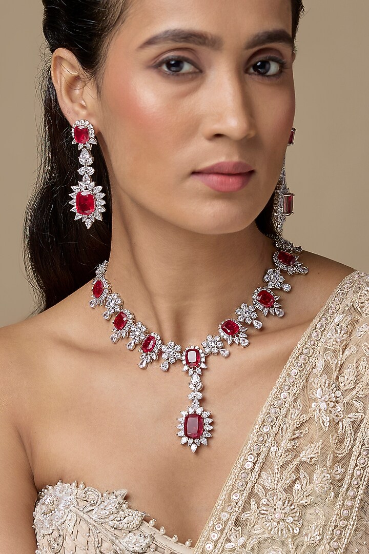 Silver Finish Ruby & Zircon Long Necklace Set by Moh-Maya by Disha Khatri at Pernia's Pop Up Shop
