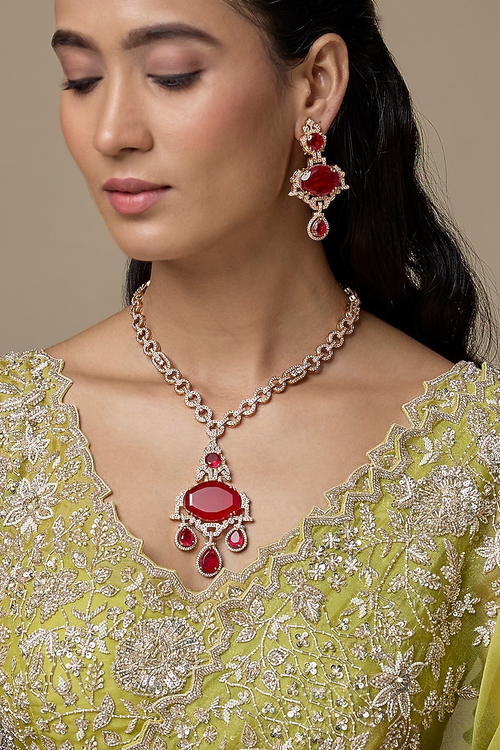 Gold Finish Ruby & Zircon Long Necklace Set by Moh-Maya by Disha Khatri at Pernia's Pop Up Shop