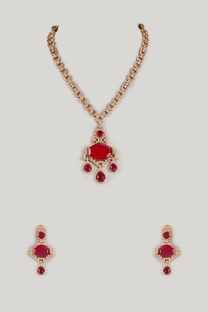 Gold Finish Ruby & Zircon Long Necklace Set by Moh-Maya by Disha Khatri at Pernia's Pop Up Shop