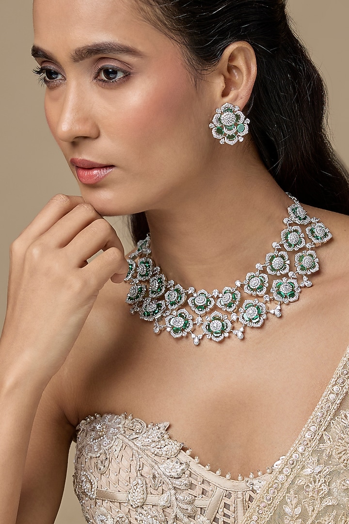 Silver Finish Emerald Stone & Zircon Choker Necklace Set by Moh-Maya by Disha Khatri at Pernia's Pop Up Shop