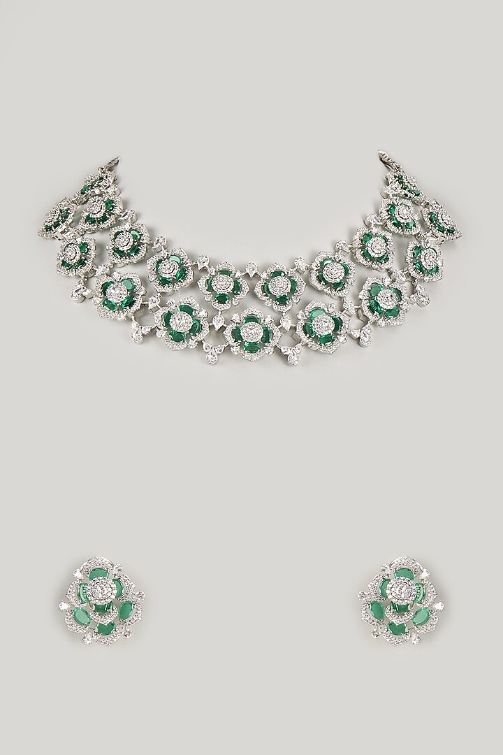 Silver Finish Emerald Stone & Zircon Choker Necklace Set by Moh-Maya by Disha Khatri at Pernia's Pop Up Shop