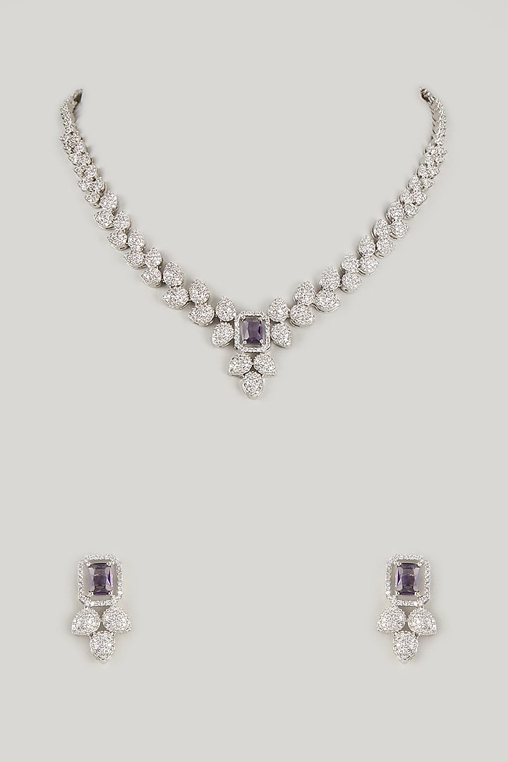 Silver Finish Emerald Stone & Zircon Long Necklace Set by Moh-Maya by Disha Khatri at Pernia's Pop Up Shop