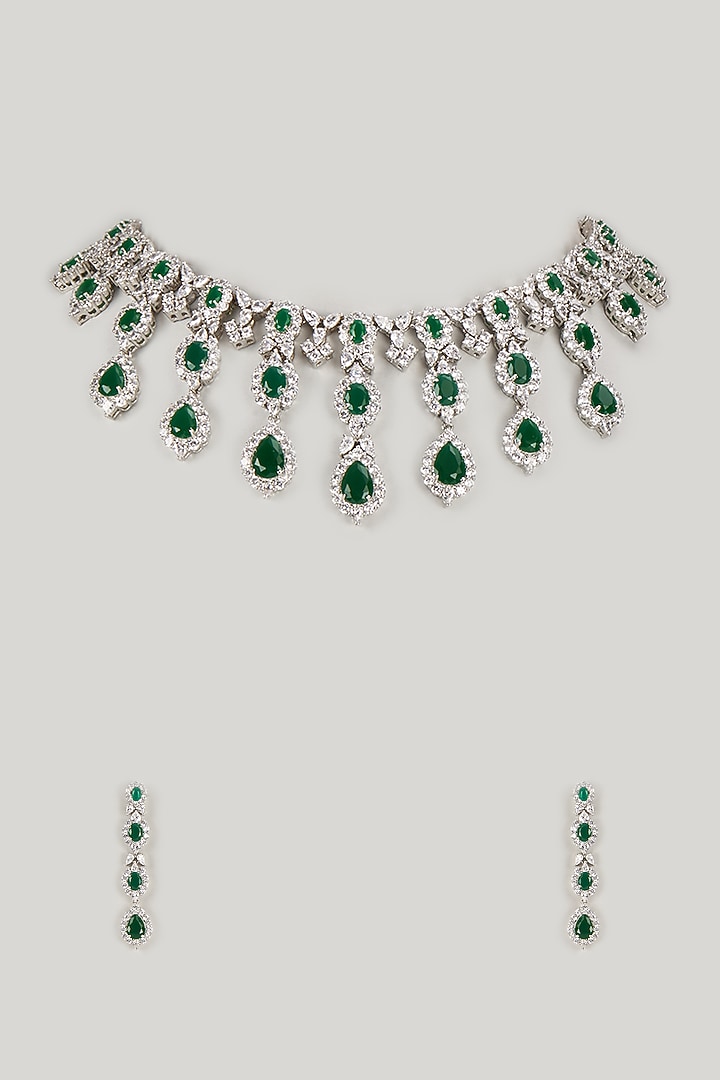 Silver Finish Emerald & Zircon Choker Necklace Set by Moh-Maya by Disha Khatri at Pernia's Pop Up Shop