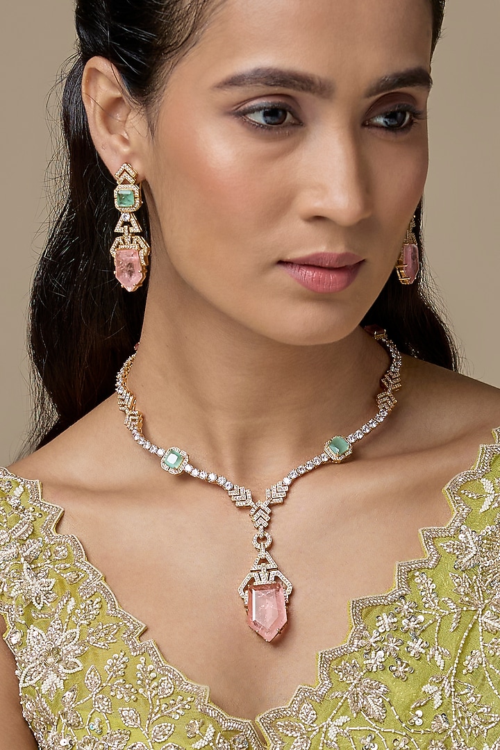 Gold Finish Rose Quartz & Zircon Long Necklace Set by Moh-Maya by Disha Khatri at Pernia's Pop Up Shop