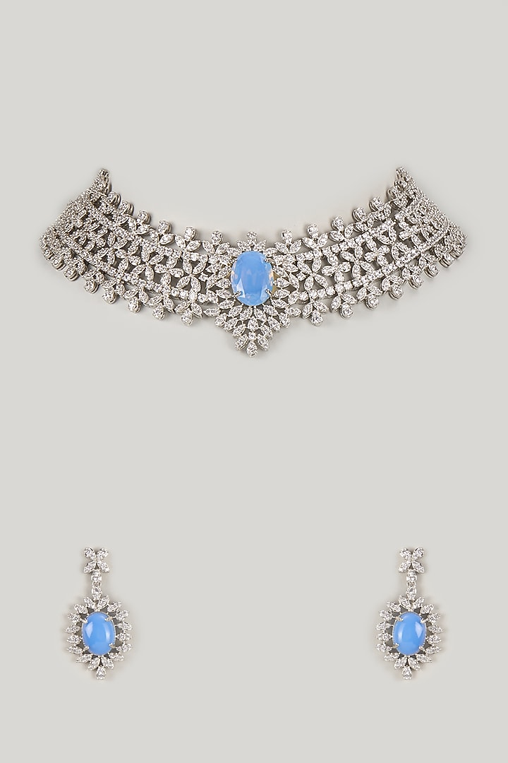 Silver Finish Blue Stone & Zircon Choker Necklace Set by Moh-Maya by Disha Khatri at Pernia's Pop Up Shop