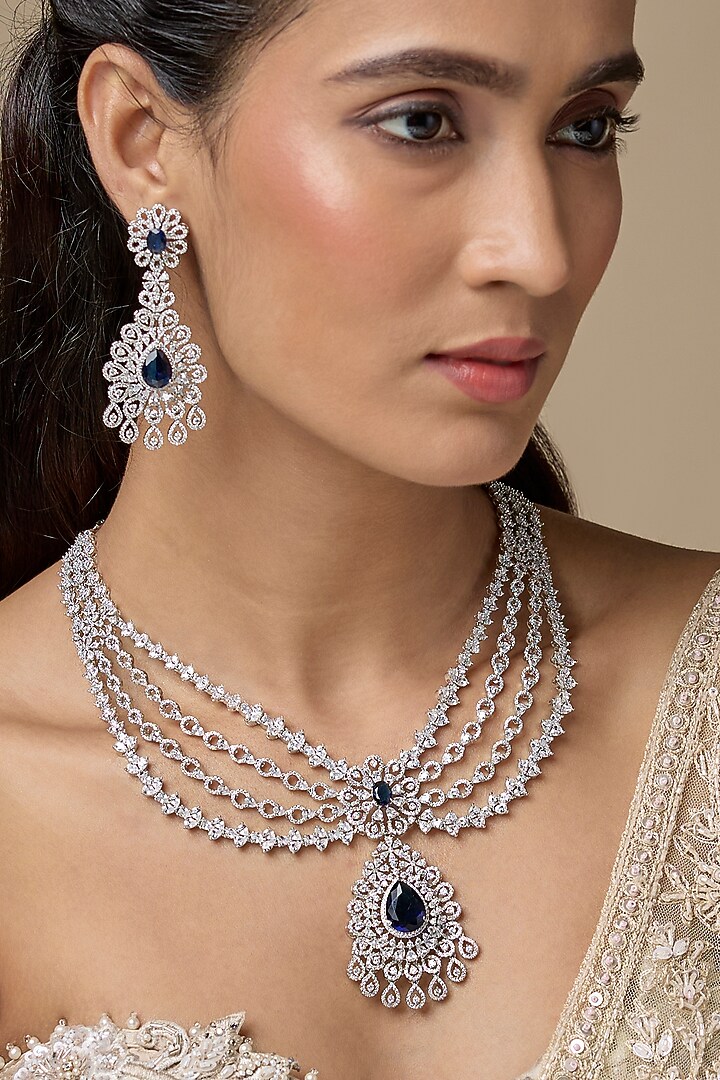 Silver Finish Zircon & Sapphire Stone Layered Necklace Set by Moh-Maya by Disha Khatri at Pernia's Pop Up Shop