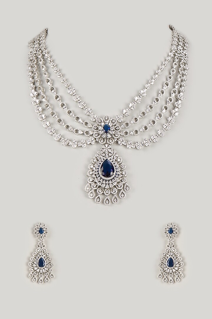 Silver Finish Zircon & Sapphire Stone Layered Necklace Set by Moh-Maya by Disha Khatri at Pernia's Pop Up Shop