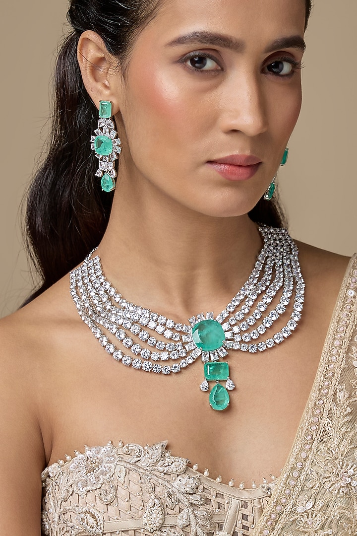 Silver Finish Zircon & Turquoise Stone Layered Necklace Set by Moh-Maya by Disha Khatri at Pernia's Pop Up Shop