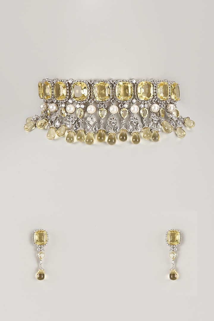 Silver Finish Yellow Zircon & Beaded Choker Necklace Set by Moh-Maya by Disha Khatri at Pernia's Pop Up Shop