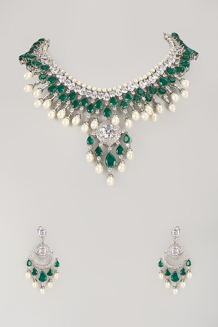 Silver Finish Emerald & Zircon Long Necklace Set by Moh-Maya by Disha Khatri at Pernia's Pop Up Shop