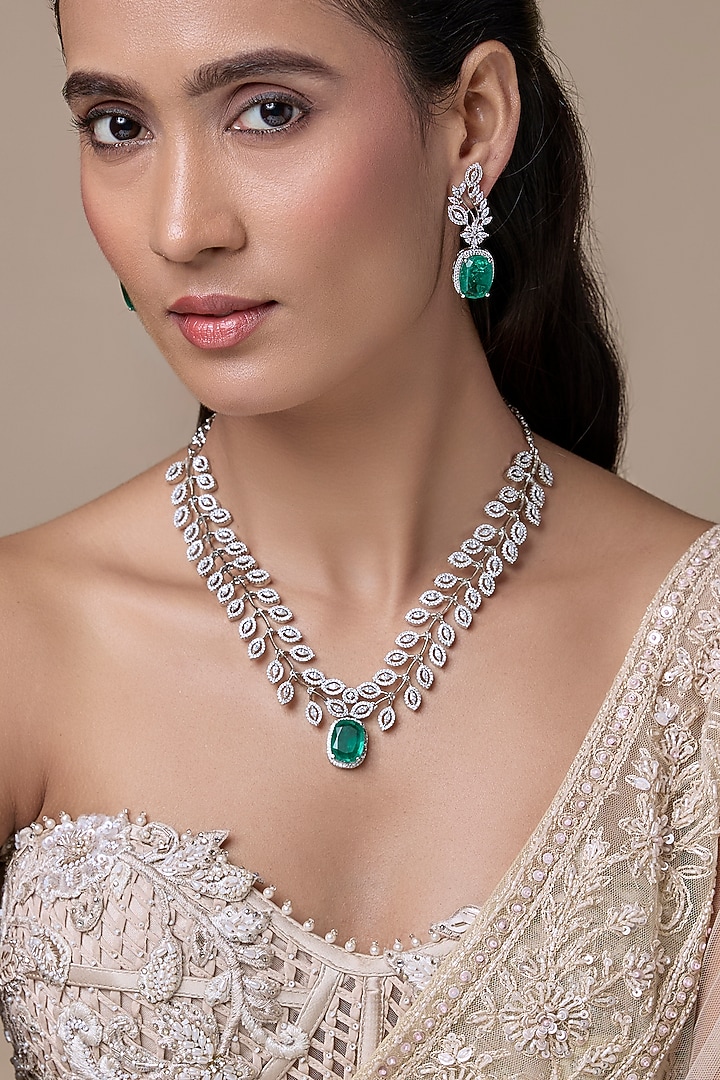 Silver Finish Emerald & Zircon Long Necklace Set by Moh-Maya by Disha Khatri at Pernia's Pop Up Shop