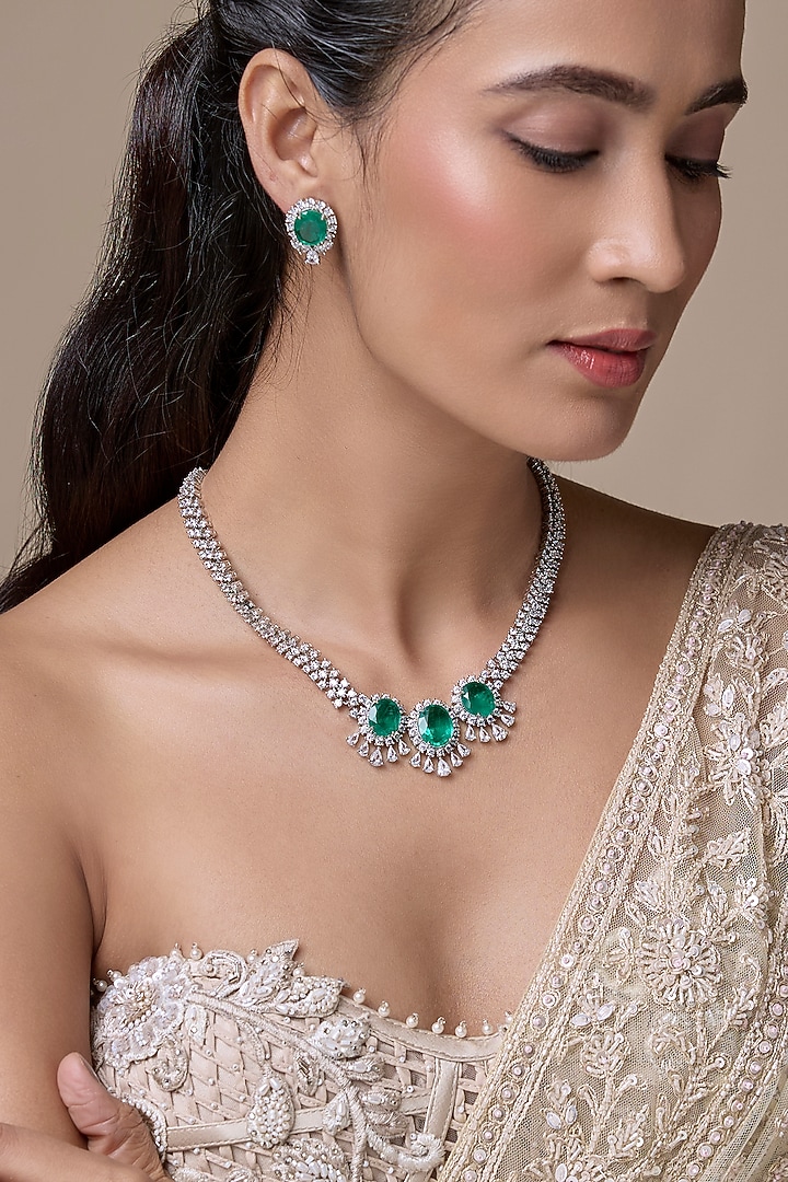 Silver Finish Emerald & Zircon Necklace Set by Moh-Maya by Disha Khatri at Pernia's Pop Up Shop