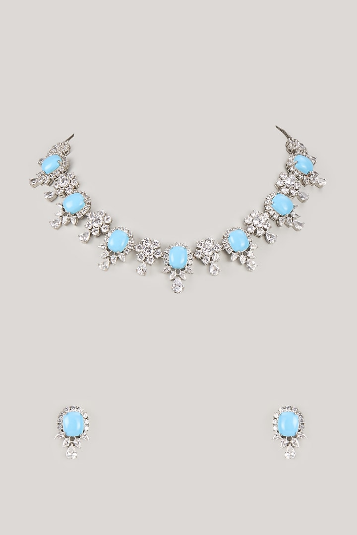 Silver Finish Zircon & Blue Stone Choker Necklace Set by Moh-Maya by Disha Khatri at Pernia's Pop Up Shop