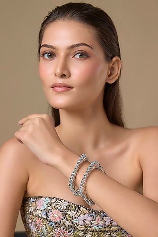 Silver Finish Emerald & Zircon Bangles (Set Of 2) by Moh-Maya by Disha Khatri