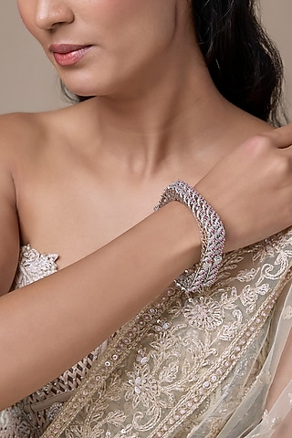 Silver Finish Ruby & Zircon Bangles (Set Of 2) by Moh-Maya by Disha Khatri