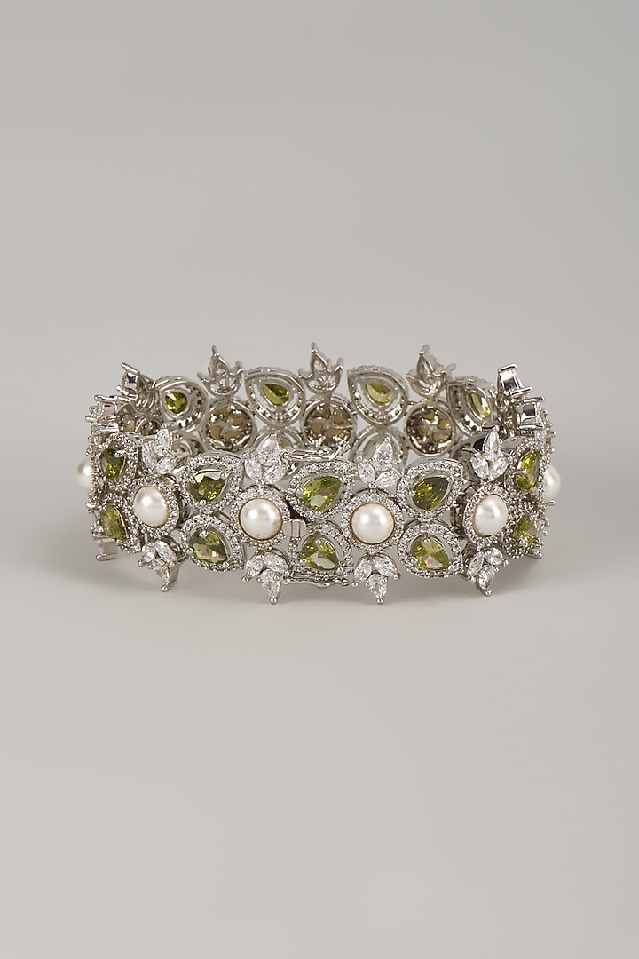 Silver Finish Zircon & Green Stone Bracelet by Moh-Maya by Disha Khatri at Pernia's Pop Up Shop