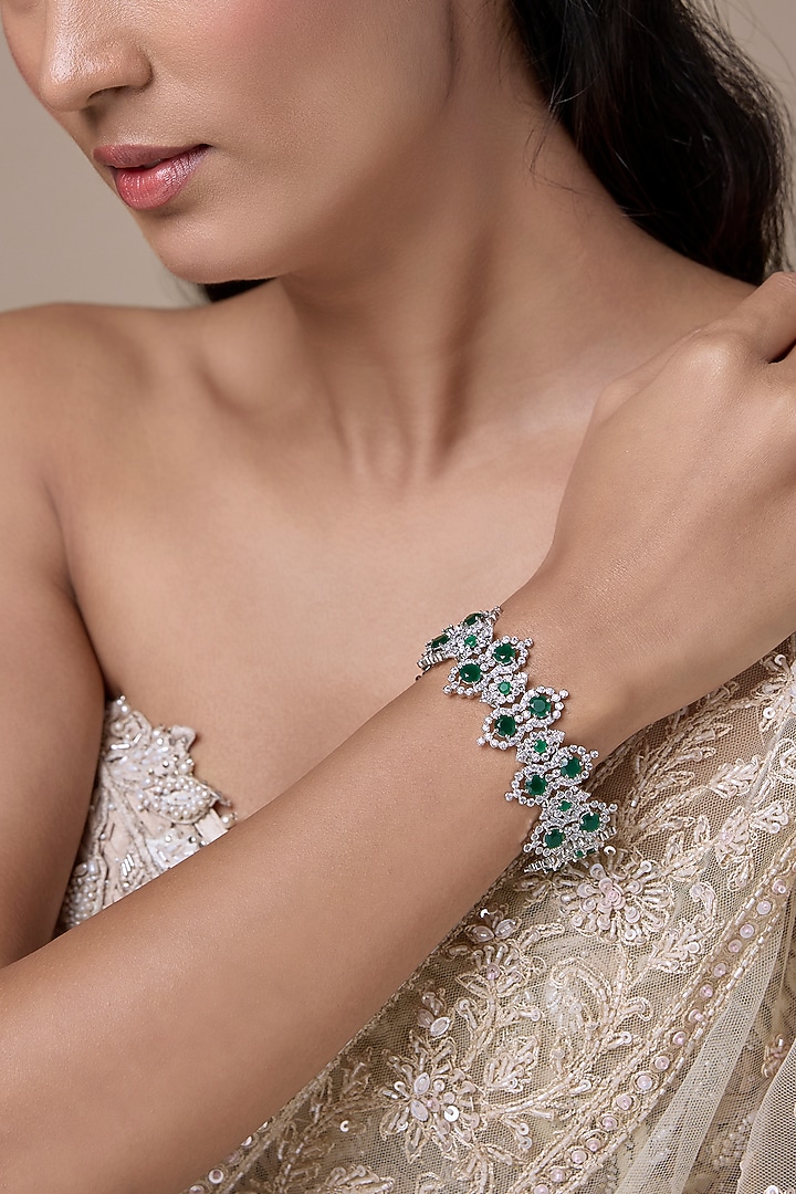 Silver Finish Zircon & Emerald Bracelet by Moh-Maya by Disha Khatri at Pernia's Pop Up Shop