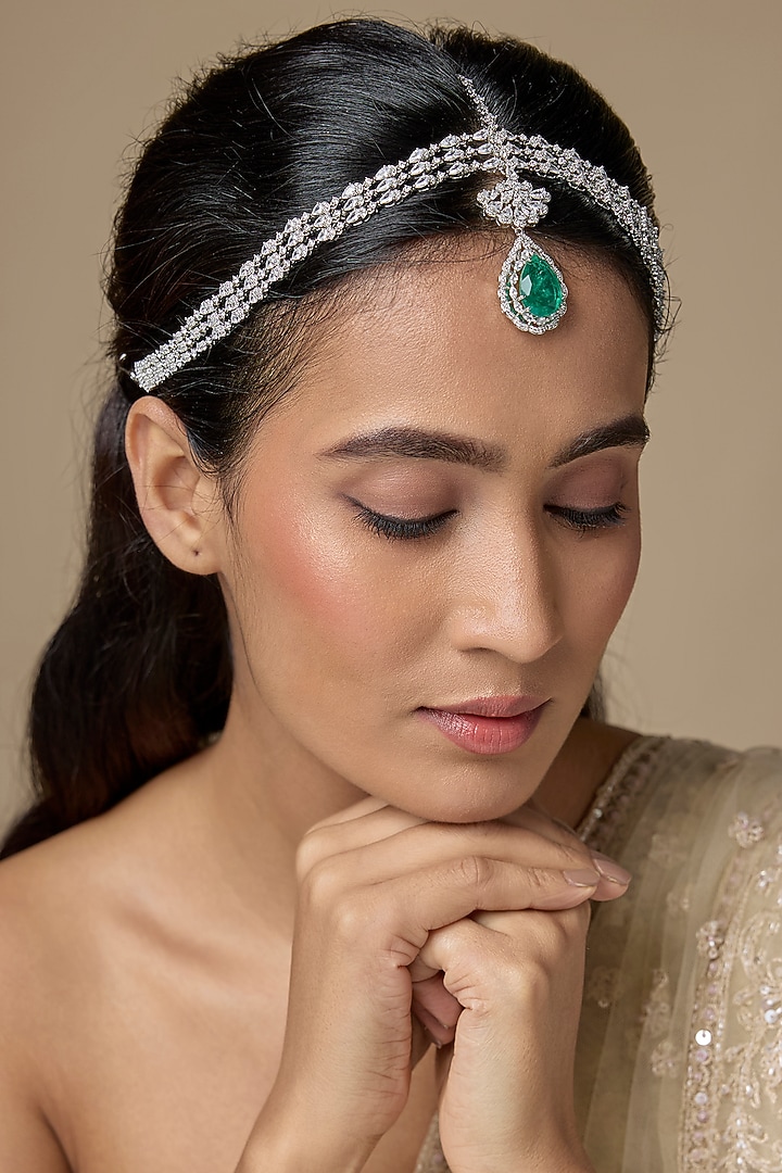 Silver Finish Emerald & Zircon Mathapatti by Moh-Maya by Disha Khatri at Pernia's Pop Up Shop