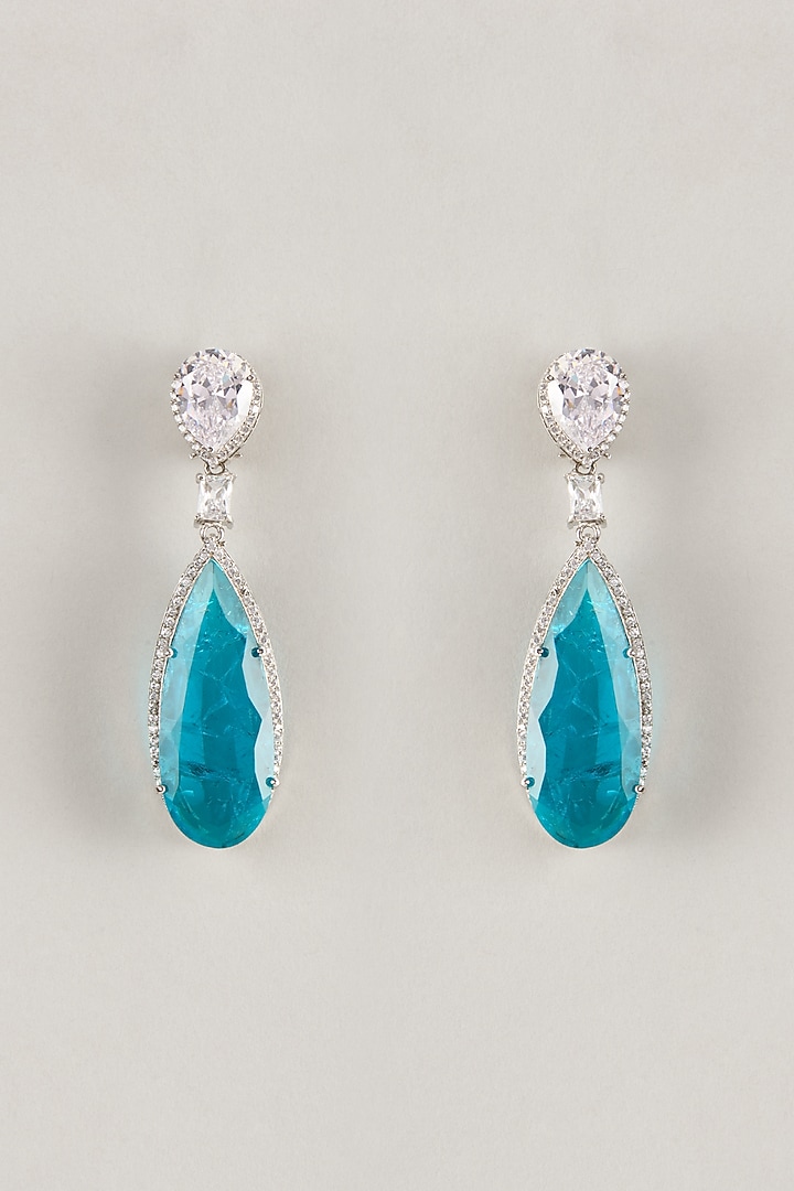 Silver Finish Zircon & Blue Stone Dangler Earrings by Moh-Maya by Disha Khatri at Pernia's Pop Up Shop