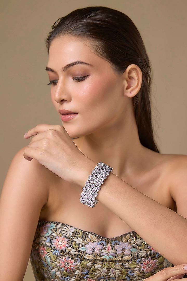 Silver Finish Zircon & Rose Quartz Bracelet by Moh-Maya by Disha Khatri at Pernia's Pop Up Shop