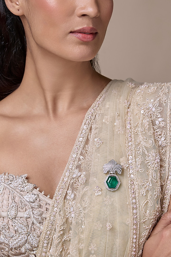 Silver Finish Zircon & Emerald Brooch by Moh-Maya by Disha Khatri at Pernia's Pop Up Shop
