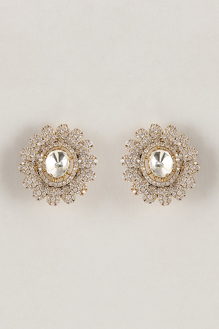 Gold Finish Zircon & Moissanite Stone Stud Earrings by Moh-Maya by Disha Khatri at Pernia's Pop Up Shop
