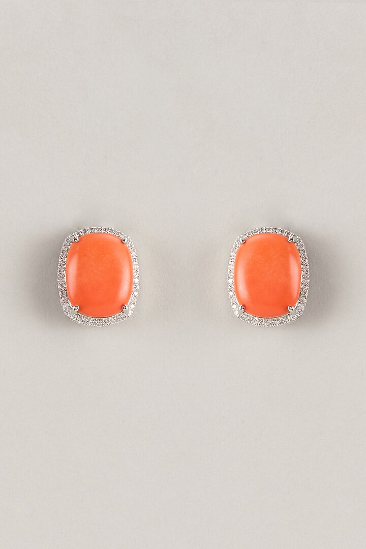 Silver Finish Zicon & Orange Stone Stud Earrings by Moh-Maya by Disha Khatri at Pernia's Pop Up Shop