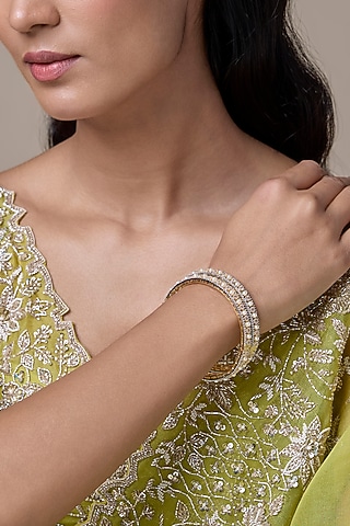 Gold Finish Zircon & Pearl Bangles (Set Of 2) by Moh-Maya by Disha Khatri