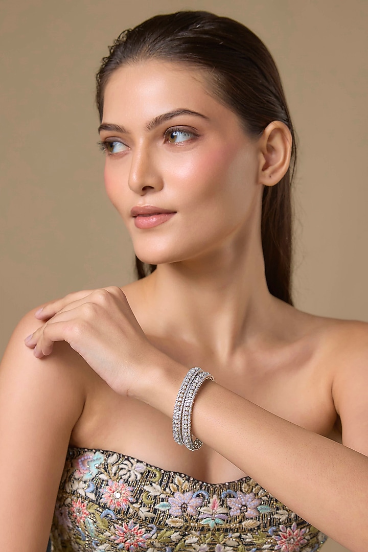 Silver Finish Zircon & Pearl Bangles (Set Of 2) by Moh-Maya by Disha Khatri at Pernia's Pop Up Shop