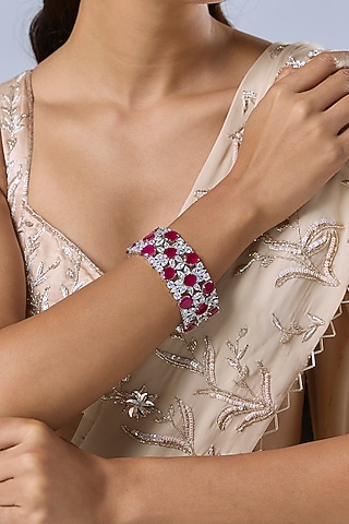 Silver Finish Zircon & Ruby Bracelet by Moh-Maya by Disha Khatri