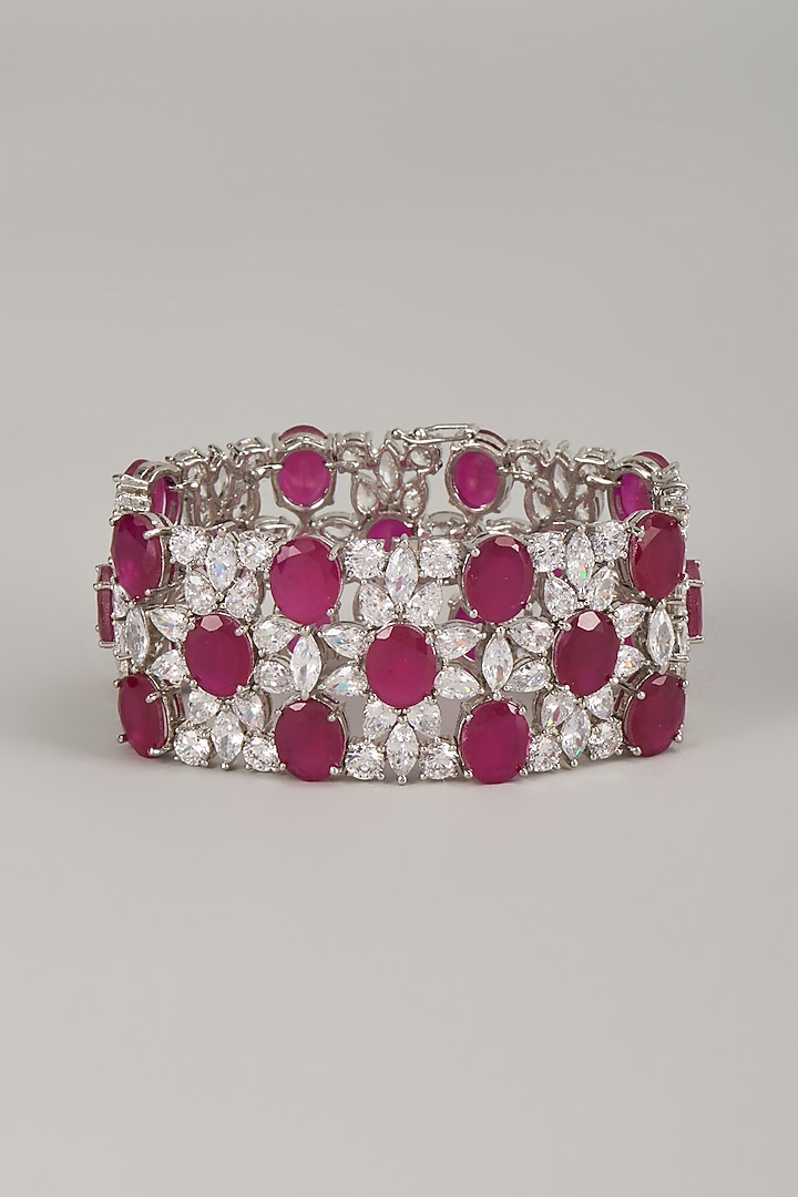 Silver Finish Zircon & Ruby Bracelet by Moh-Maya by Disha Khatri at Pernia's Pop Up Shop