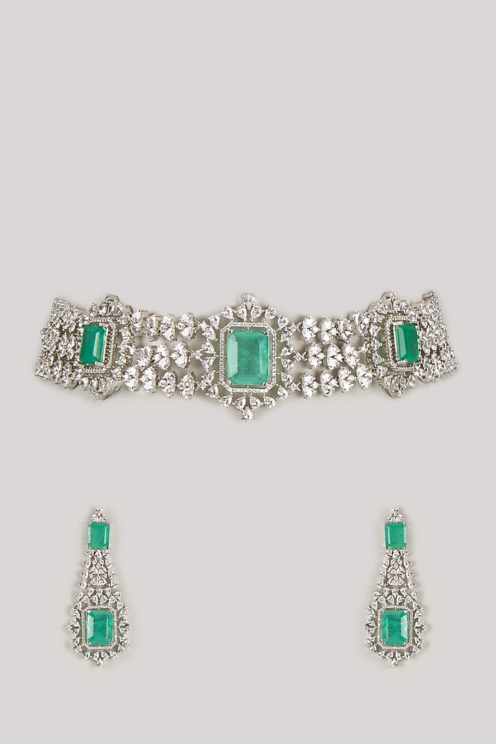 Silver Finish Zircon & Turquoise Stone Choker Necklace Set by Moh-Maya by Disha Khatri at Pernia's Pop Up Shop