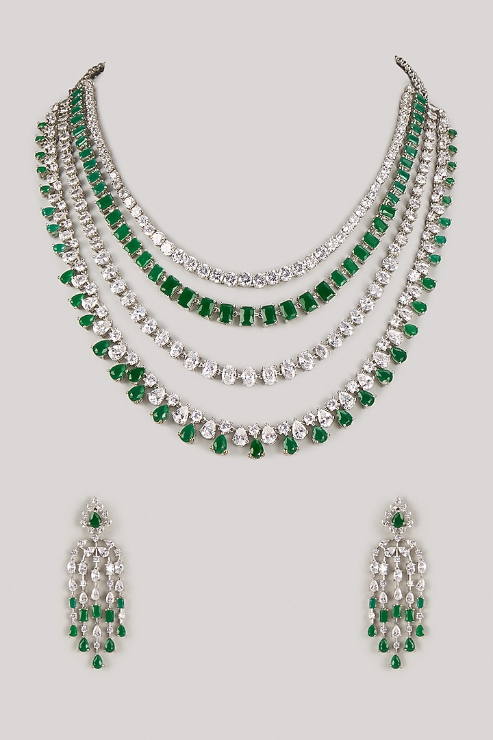 Silver Finish Zircon & Emerald Stone Layered Necklace Set by Moh-Maya by Disha Khatri at Pernia's Pop Up Shop