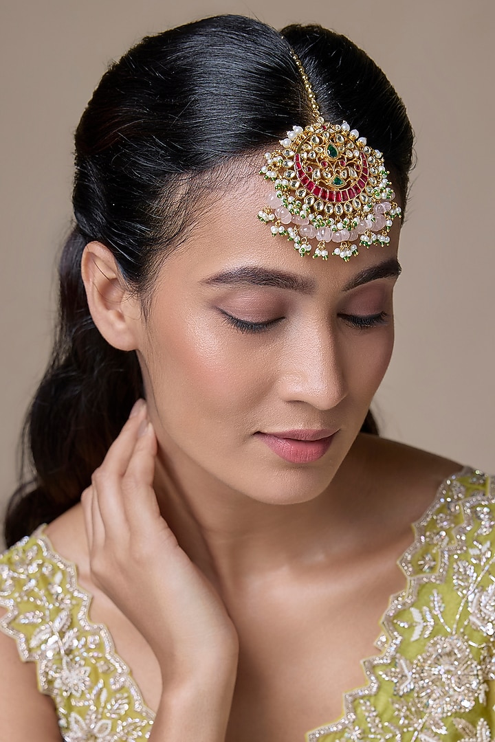 Gold Finish Kundan Polki & Ruby Maangtikka by Moh-Maya by Disha Khatri at Pernia's Pop Up Shop