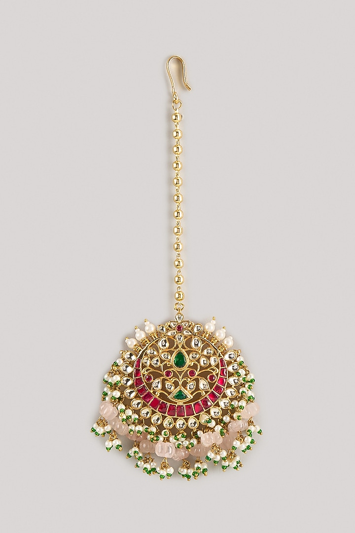 Gold Finish Kundan Polki & Ruby Maangtikka by Moh-Maya by Disha Khatri at Pernia's Pop Up Shop