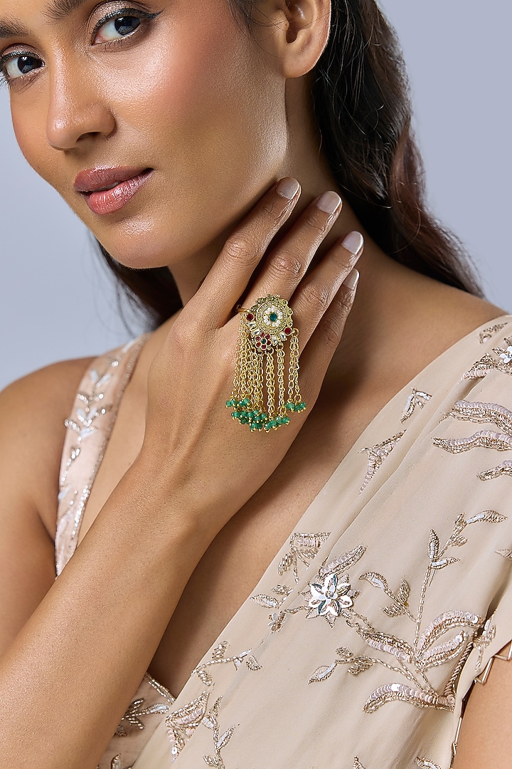 Gold Finish Kundan Polki & Ruby Ring by Moh-Maya by Disha Khatri at Pernia's Pop Up Shop