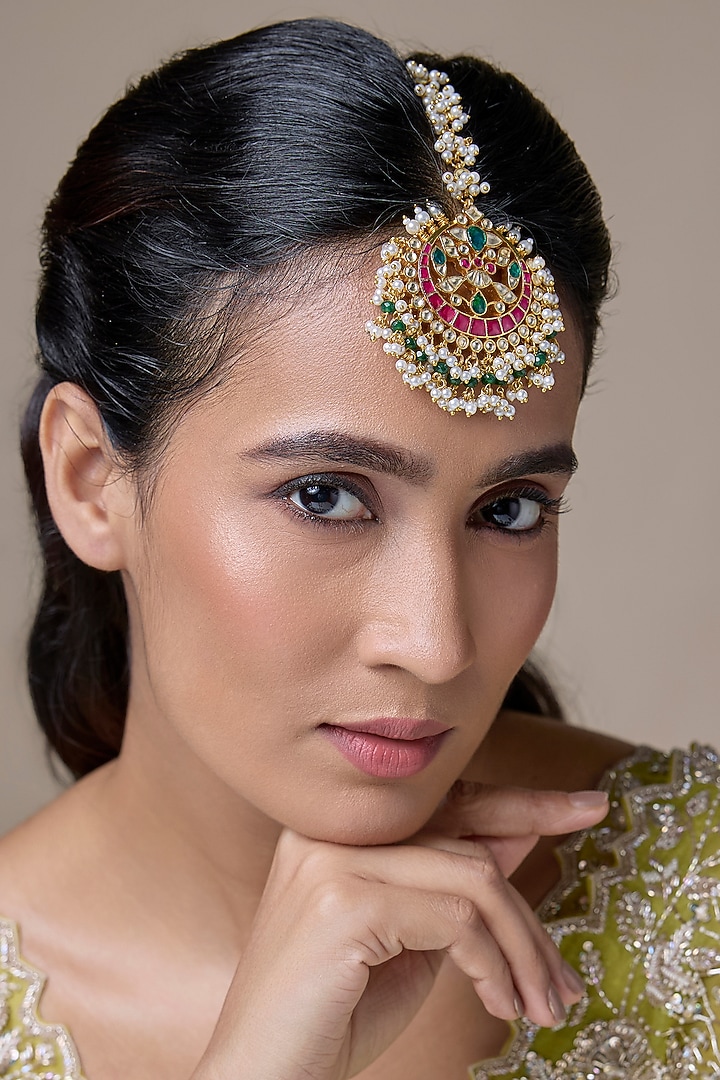Gold Finish Kundan Polki & Beaded Maangtikka by Moh-Maya by Disha Khatri at Pernia's Pop Up Shop