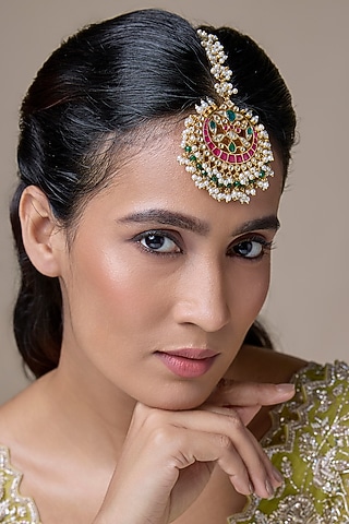 Gold Finish Kundan Polki & Beaded Maangtikka by Moh-Maya by Disha Khatri