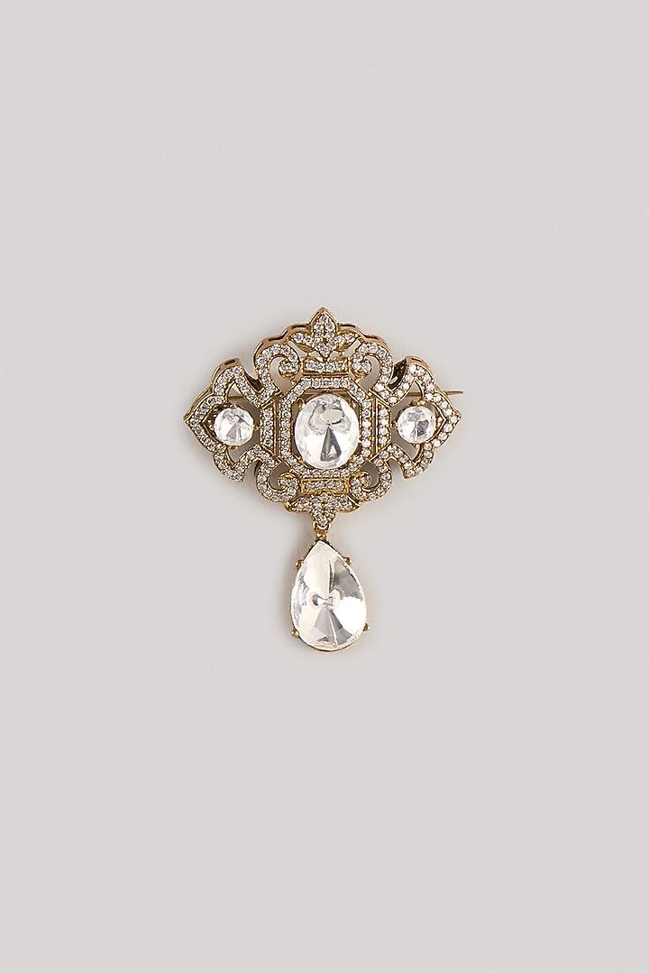Gold Finish Kundan Polki & Zircon Brooch by Moh-Maya by Disha Khatri at Pernia's Pop Up Shop