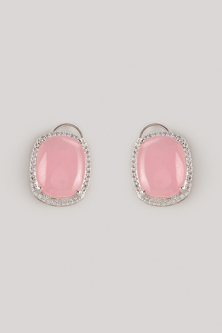 Silver Finish Rose Quartz & Zircon Stud Earrings by Moh-Maya by Disha Khatri at Pernia's Pop Up Shop