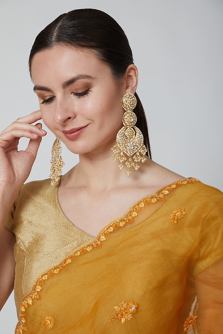 Gold Finish Kundan Chandbali Earrings by Moh-Maya By Disha Khatri