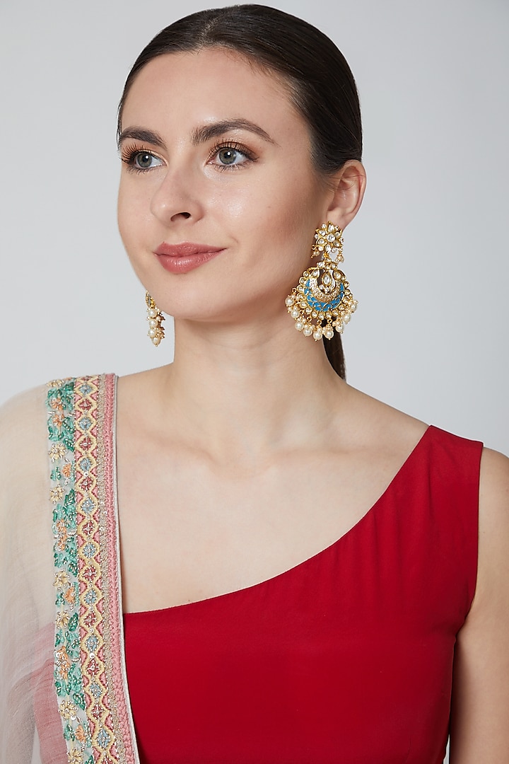 Gold Finish Meenakari Pearls Earrings by Moh-Maya By Disha Khatri