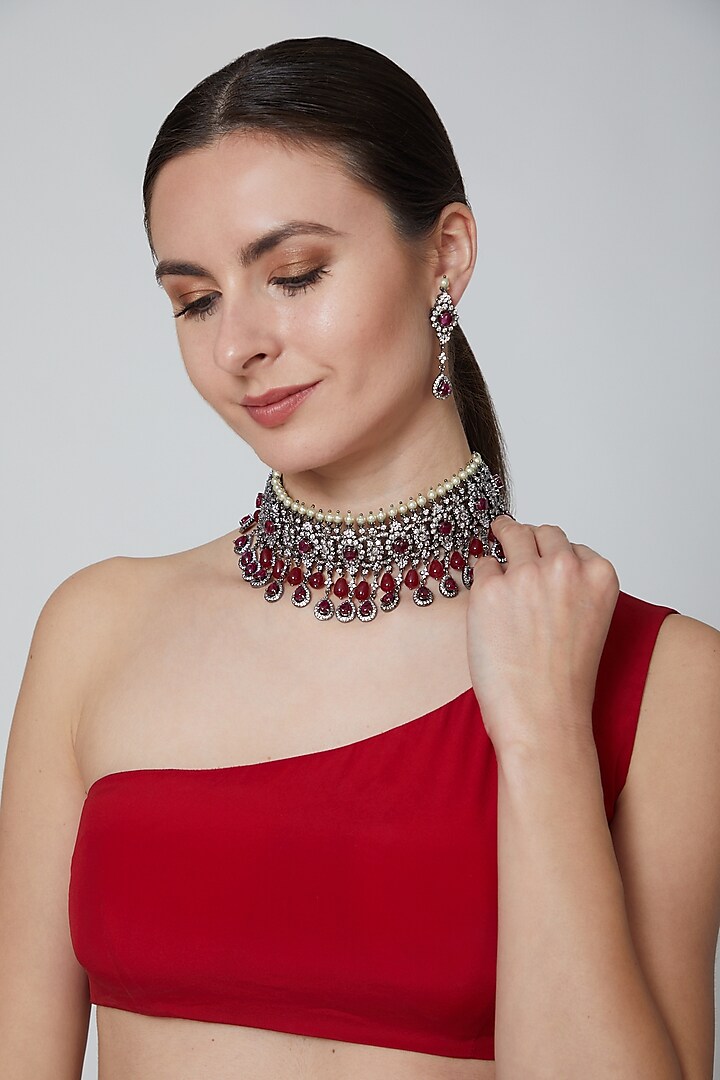 Gold Finish Diamond Ruby Necklace Set by Moh-Maya By Disha Khatri