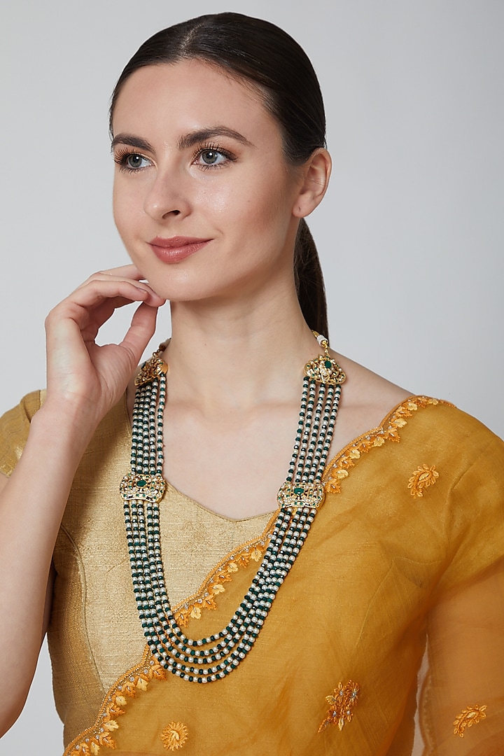 Gold Finish Green Beads Necklace by Moh-Maya By Disha Khatri