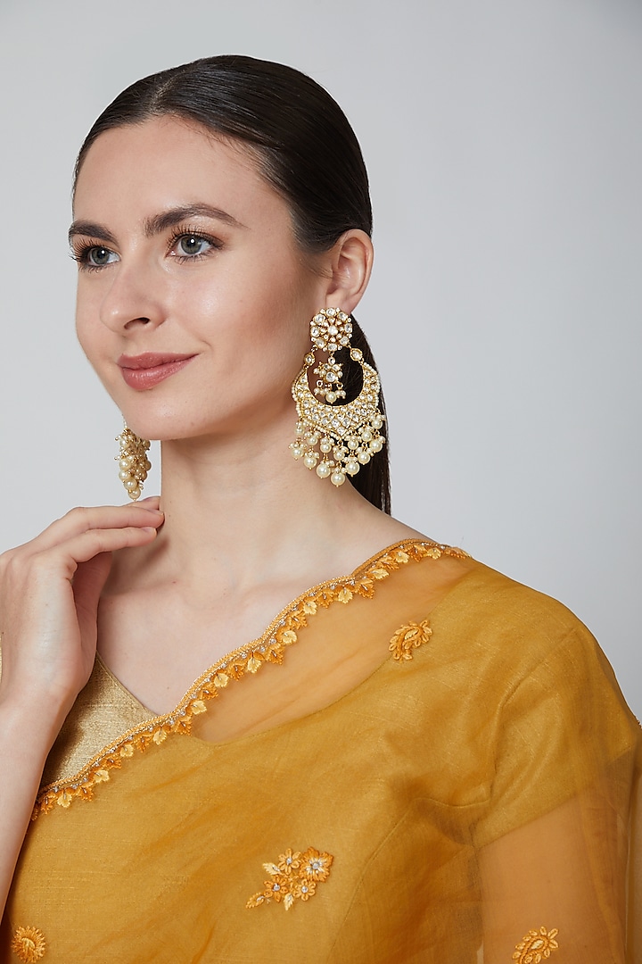 Gold Finish Pearls & Kundan Earrings by Moh-Maya By Disha Khatri