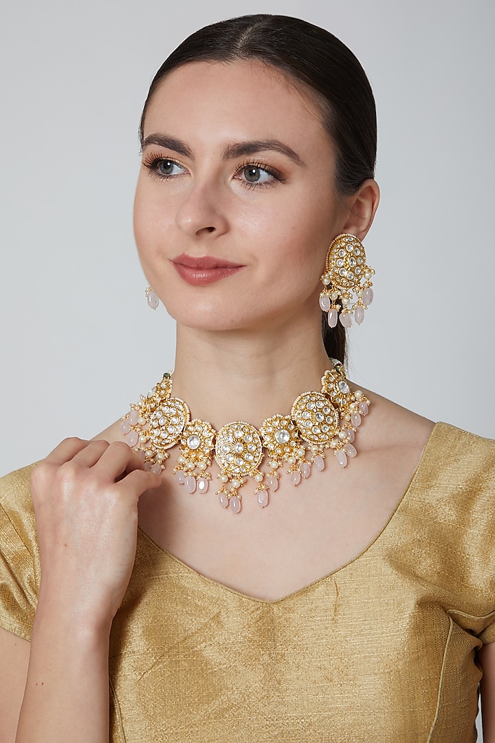 Gold Finish Kundan Necklace Set by Moh-Maya By Disha Khatri